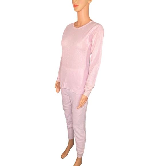J E Morgan Pink Thermal  Long Sleeve Pajama Set Cozy Cold Weather Wear Size XL - Picture 2 of 5